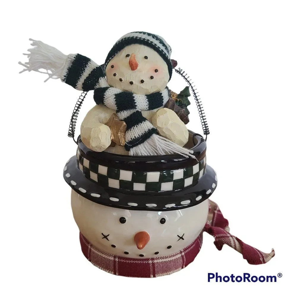 Vintage Wood-Look Snowman Figurine & Ceramic Snowman Bucket Pail Snowman Lot